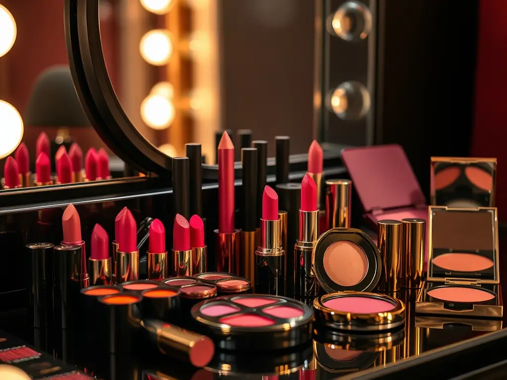 A set of sustainable makeup products displayed on a black vanity with vibrant colors.